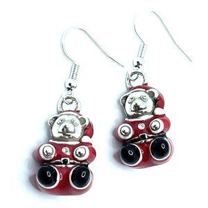 Brighton Christmas Teddy Bears Red Santa Suit Holiday Custom Silver Earrings